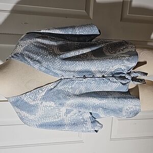 Olivaceous women's top gray and white design size small button-down tie in front